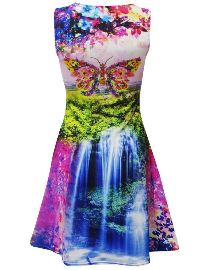 Waterfall Enchanting Castle Luscious Trees Floral Flowers Sleeveless Skater Dress