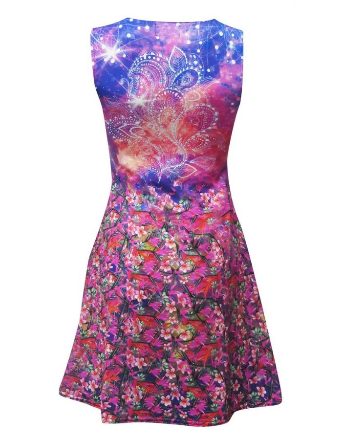 New York City Skyline Fireworks Colourful Floral Flowers Paisley Sleeveless Skater Dress