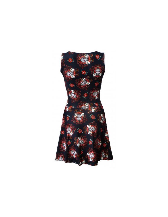 Gothic Floral Pattern Sugar Skulls Roses Alternative Print Sleeveless Skater Dress