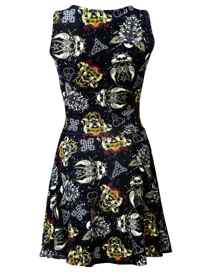 Gothic Grunge Texture Skulls Swords Wings Celtic Print Sleeveless Skater Dress