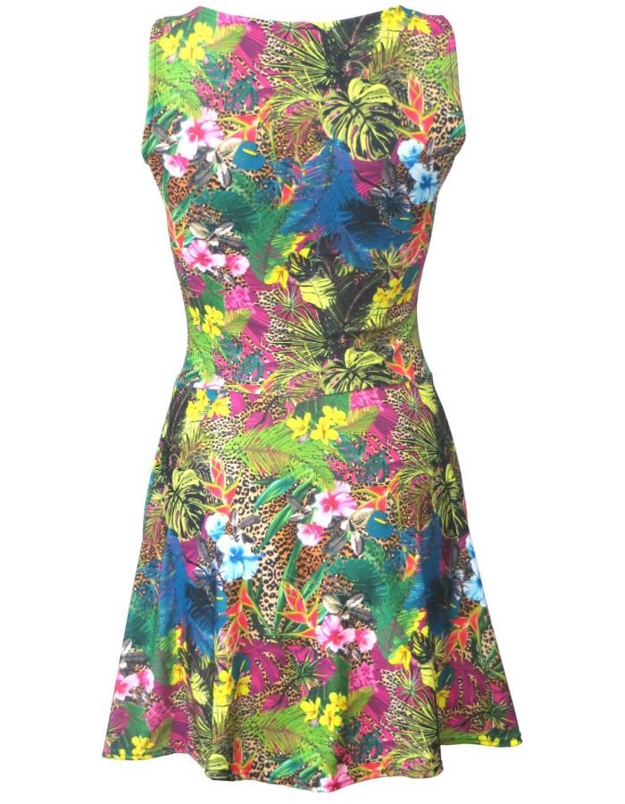 Tropical Floral Flowers Leaves Leopard Skin Animal Print Sleeveless Skater Dress