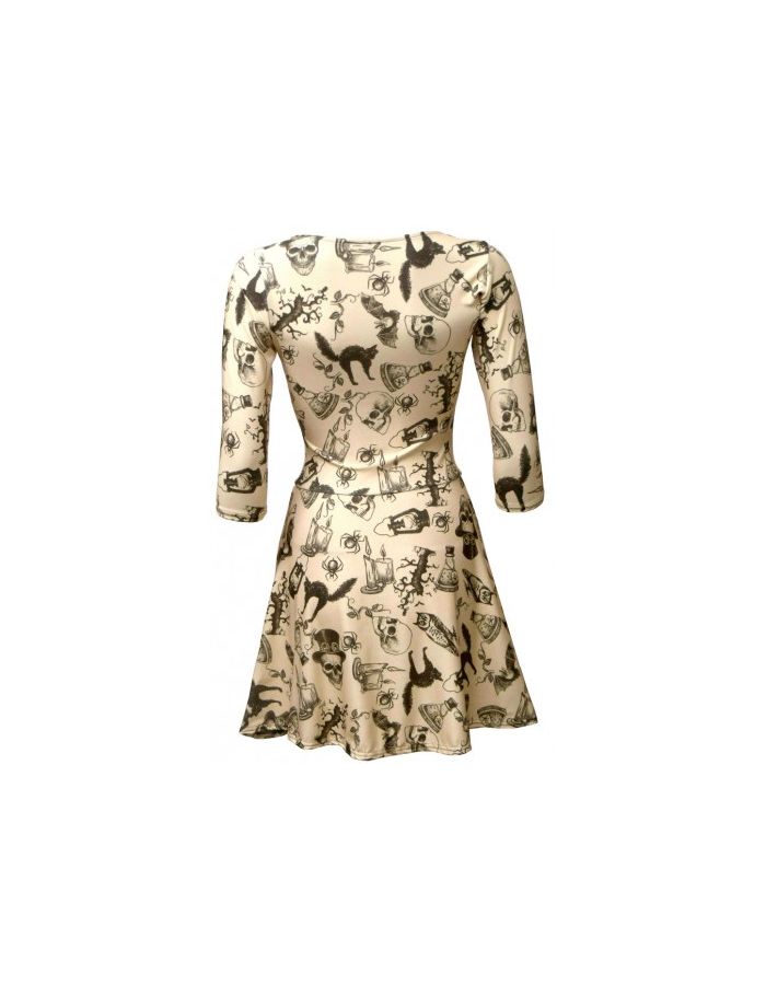 Vintage, Bats, Skulls, Owl, Spider, Spooky Cat, Steampunk Skull 3/4 Sleeve Skater Dress