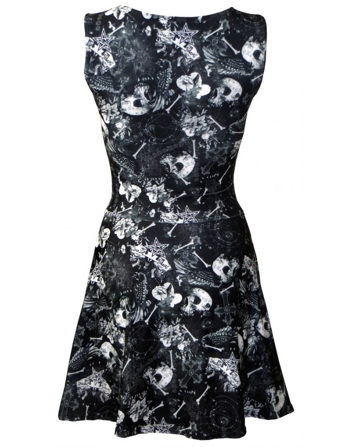 Astrology Bones Skeleton Skulls Hearts Spider Web Print Sleeveless Skater Dress