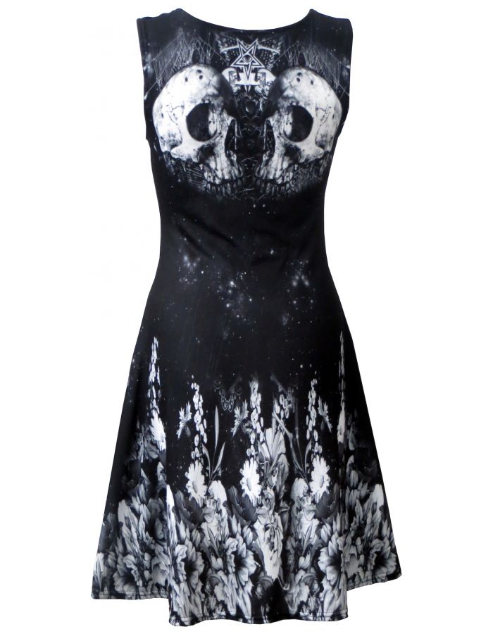 Women’s Skulls Pentagram Spider Web Bones Flowers Heart Print Sleeveless Skater Dress