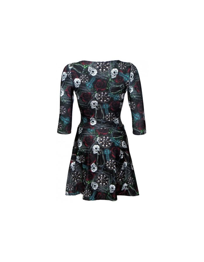 Gothic Skulls Roses Wiccan Cross Cat Black Magic Halloween Print 3/4 Sleeve Skater Dress
