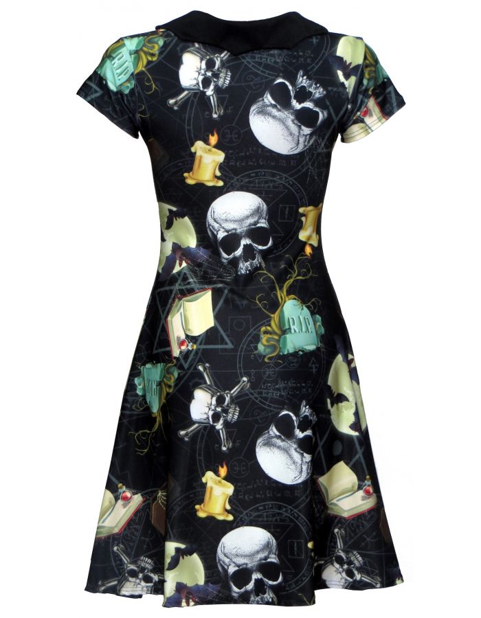Gothic Bats On The Moon, Skulls, Pentagram Bat Collar Skater Dress