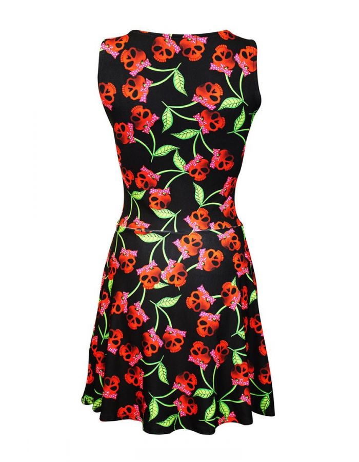 Cherry Skulls Unique Sleeveless Rockabilly Skater Dress