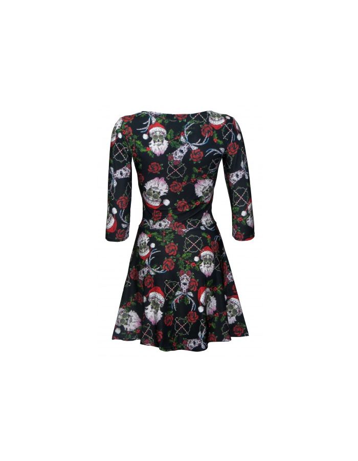 Mexican Sugar Skull Santa Reindeer Rose Holly And Candy Canes Christmas Print Three Quarter Sleeve Dress