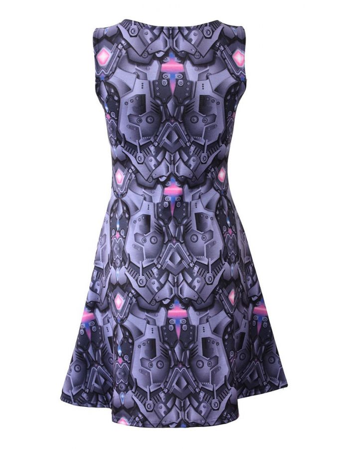 Purple Jewelled Steel Armour Panels Metallic Body Armour All Over Print Sleeveless Skater Dress