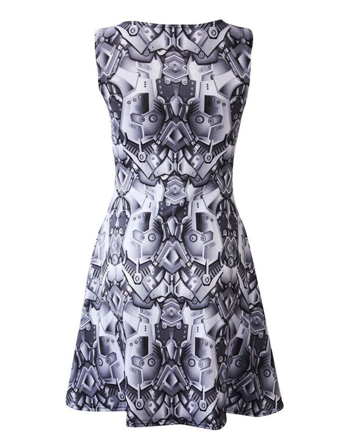 Steel Armour Panels Metallic Body Armour All Over Print Sleeveless Skater Dress