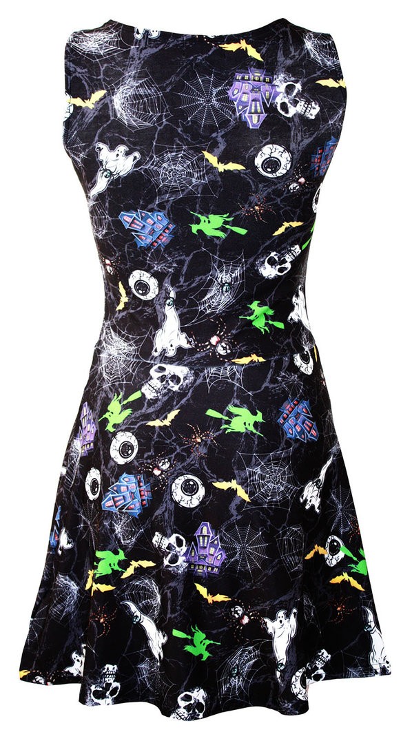 Spooky Halloween Skulls Ghosts Eyeballs Spiders Print Sleeveless Skater Dress