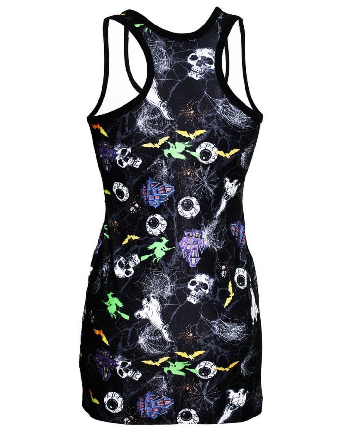 Spooky Halloween Skulls Ghosts Eyeballs Spiders Print Long Vest Top