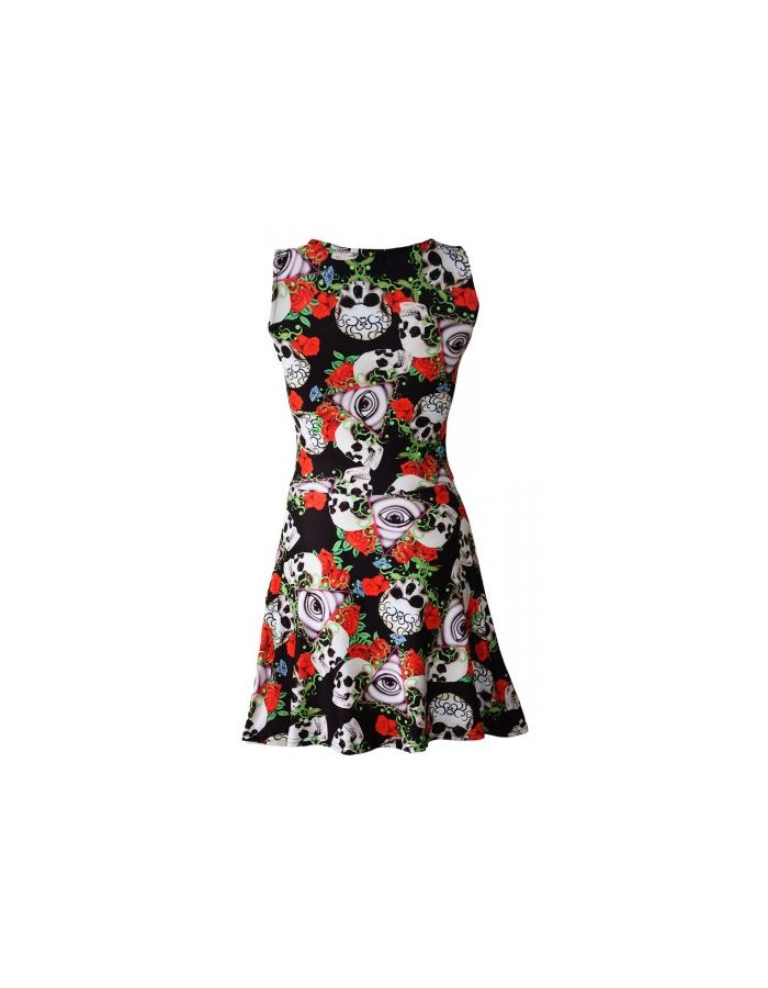 The Watcher Gothic Eye Floral Tattoo Skull Roses Print Sleeveless Skater Dress