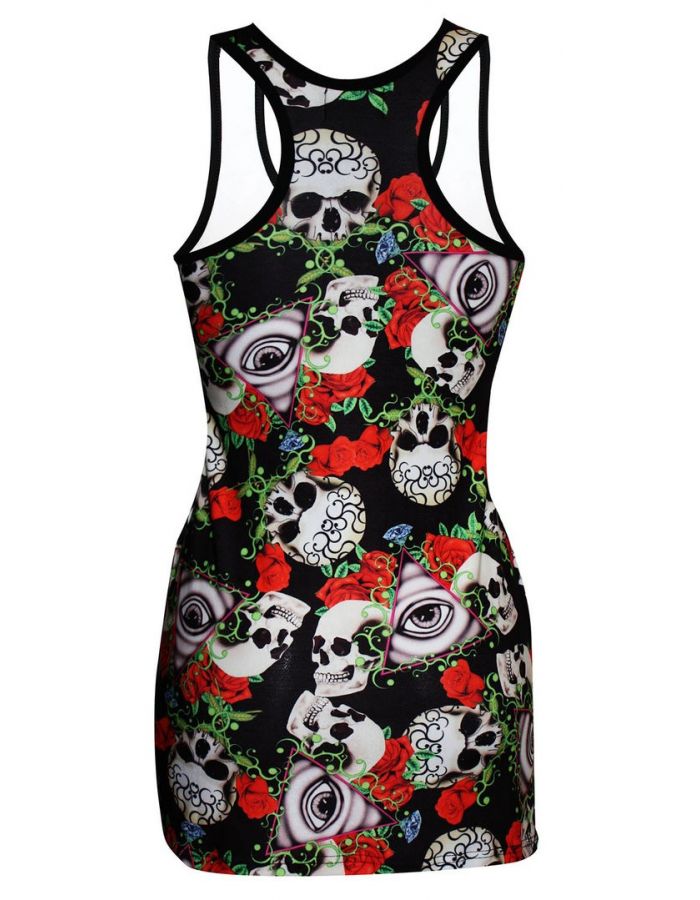 The Watcher Gothic Eye Floral Skull Roses Print Long Vest Top