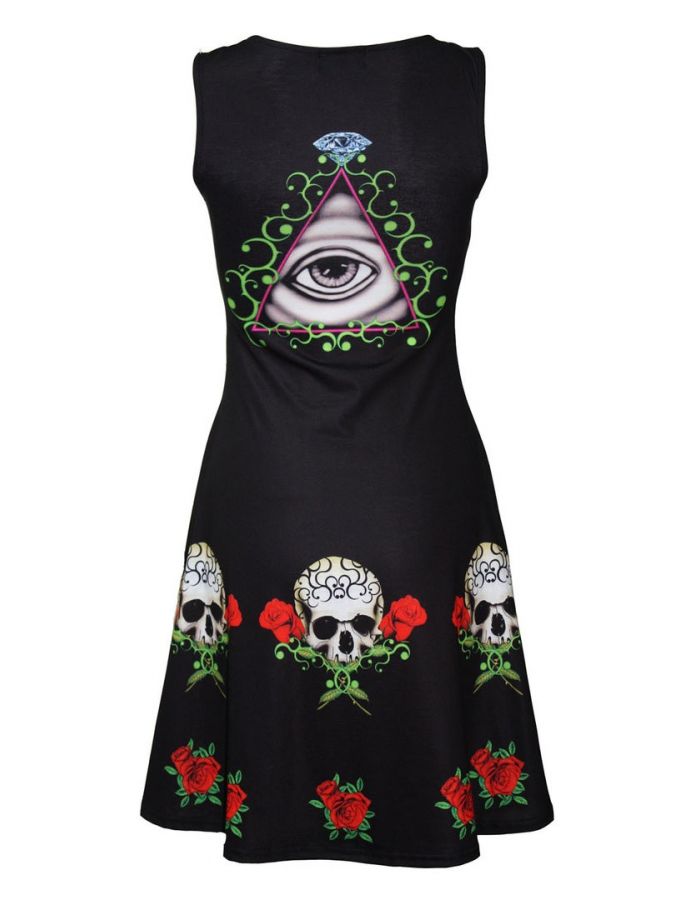 Gothic Watcher Eye Floral Tattoo Skull Roses Block Print Sleeveless Skater Dress