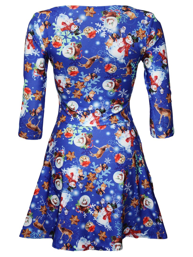 Ladies Christmas X-Mas Snow Globe Snowmen Winter Rabbits Print 3/4 Sleeve Skater Dress