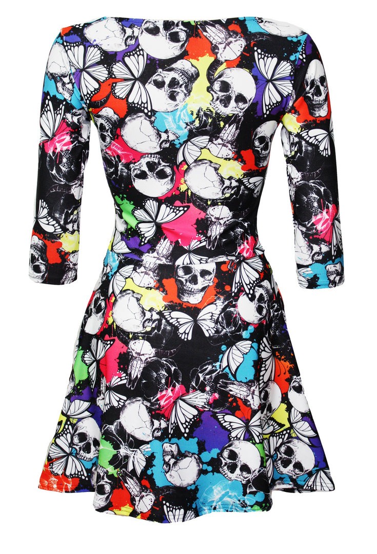 Ladies Multi Skulls Butterflies Abstract Print 3/4 Sleeve Skater Dress