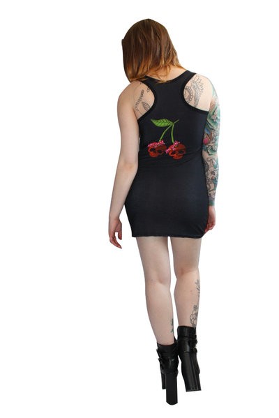 Gothic Cherry Skull With Bow Long Tank Top Dress