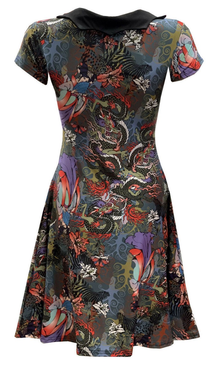 Traditional Japanese Doll Peacock Floral Fairies Dragon Printed Collar Dress