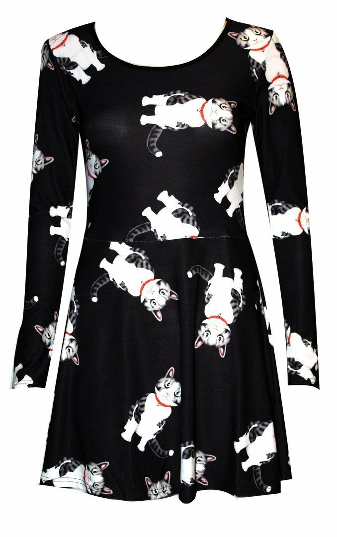 Cute Cats Long Sleeve Fit & Flared Skater Dress
