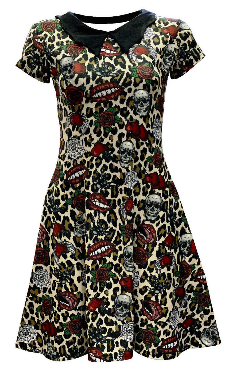 Leopard Skulls Roses Lips Hearts Spider Web Printed Bats Collar Dress