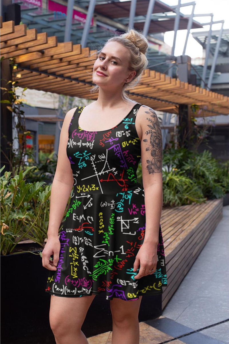 Maths Formulas Blackboard School All Over Printed Fit & Flared Sleeveless Skater Dress