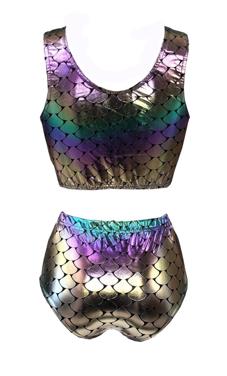 Metallic Shiny Mermaid Fish Scale Fin Rainbow Printed Sleeveless Crop Top High Waist Bikini Pants Coord Set