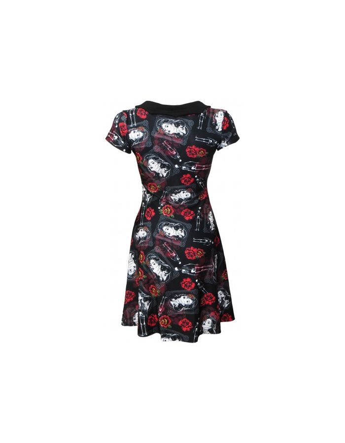 Mexican Sugar Skull Rose Skeleton All Over Print Bat Collar Skater Dress