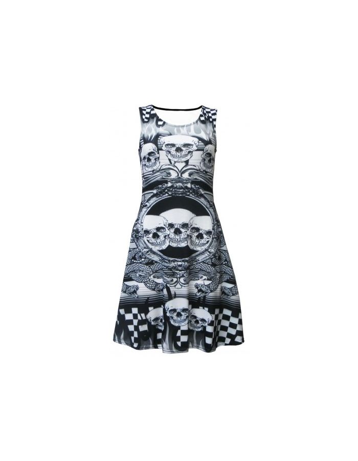 Women’s Gothic Flames Skulls Snakes Chequer Print Skater Flare Dress