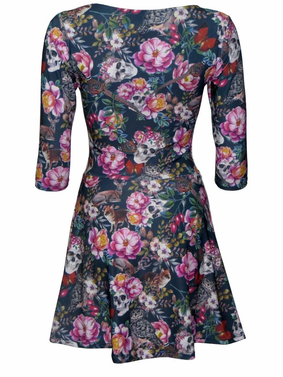 Flower Crowned Skull Owl Fox Deer Bird Butterfly Seasonal Animals Floral Three Quarter Sleeve Dress