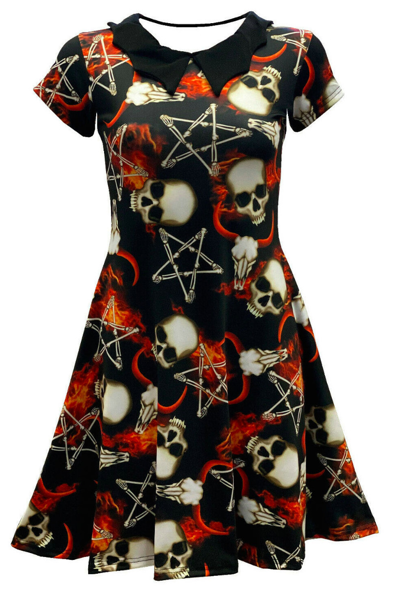 Occult Horned Ram Skull Bone Pentagram Flame Printed Bats Collar Dress