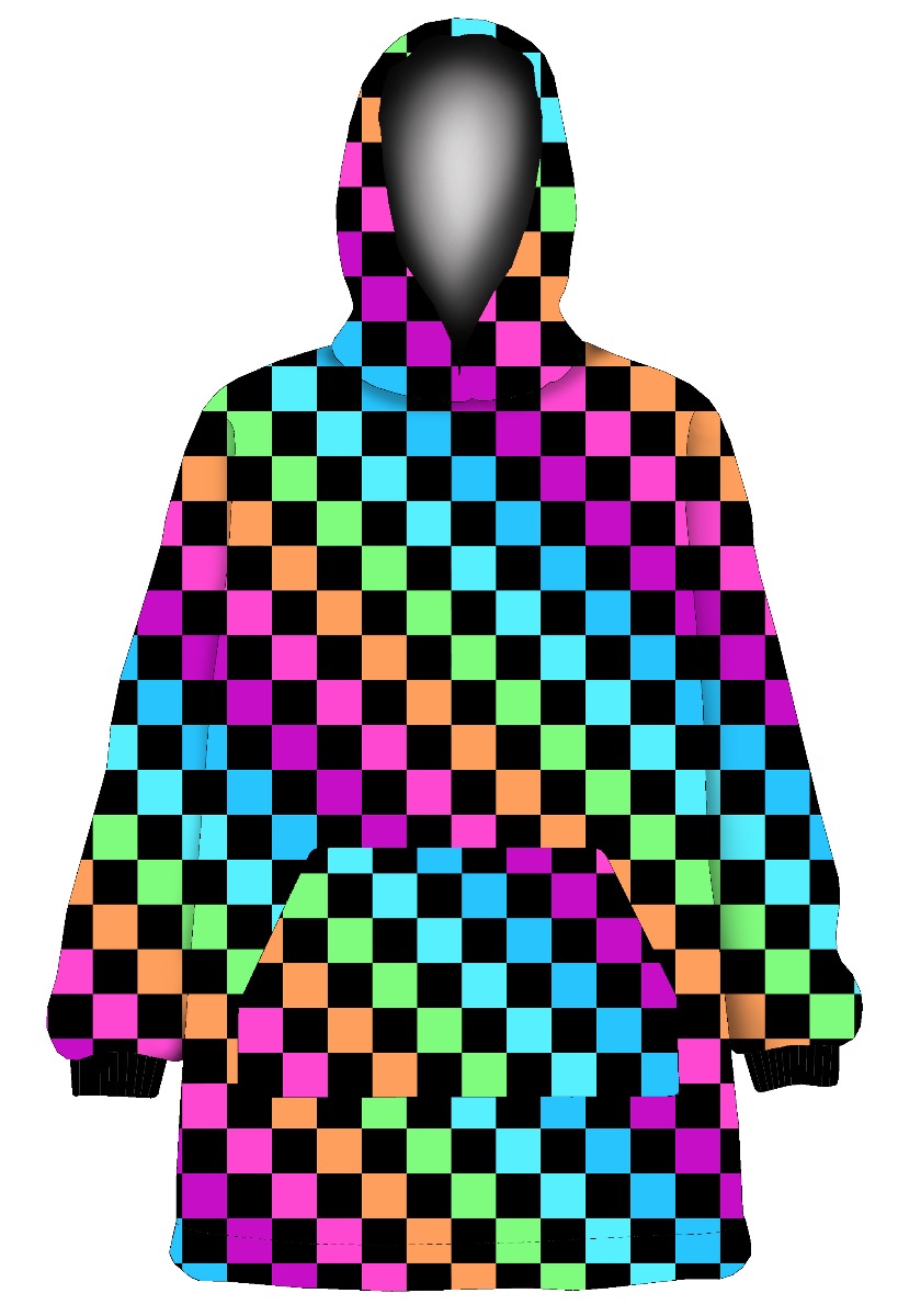 Unisex Rainbow Coloured Check Squares Printed Oversized Blanket Fleece Hoodie