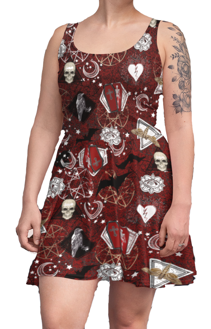Bats Moon Stars Pentagram Broken Heart Coffin Printed Skater Dress