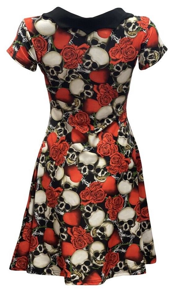 Half Skulls Roses Heart Wire All Over Printed Collar Dress