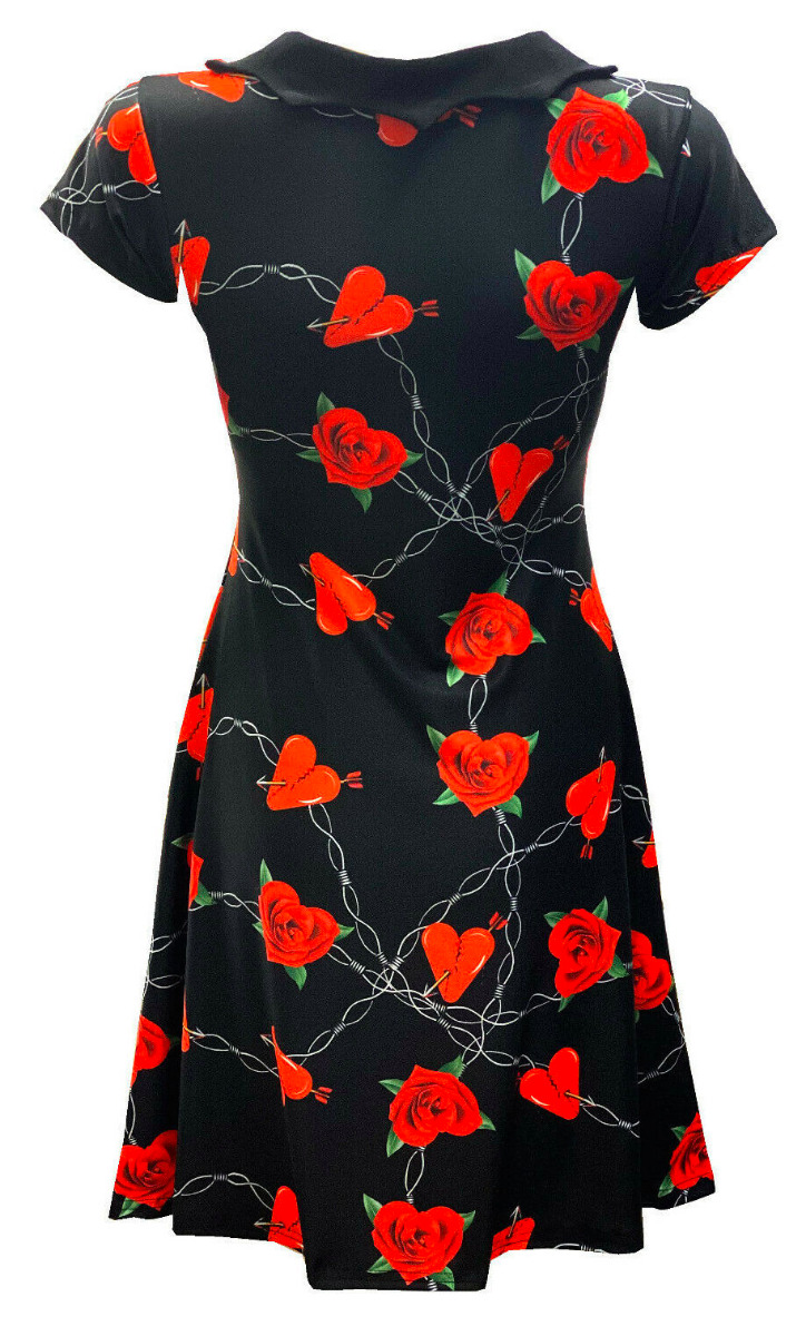 Heart Roses Barbed Wire Swing Printed Bats Collar Dress