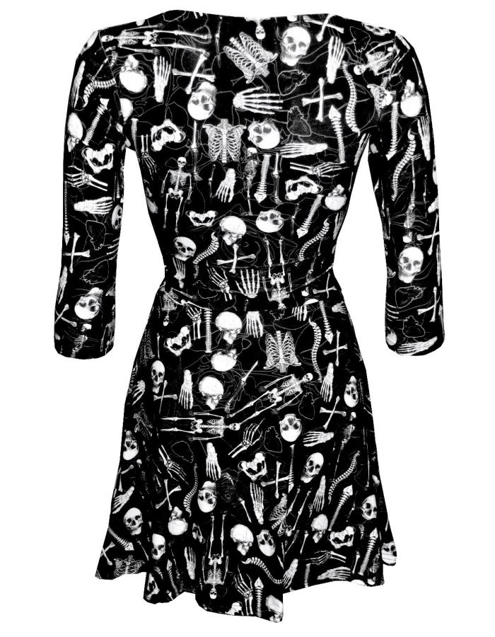 Gothic Skeletons Skulls Anatomy Bones Ribcage Heart Print 3/4 Sleeve Skater Dress