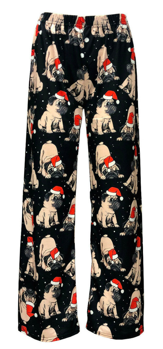 Cute Santa Pug Puppies Pattern Animal Pets Lovers Printed Pyjama Bottoms