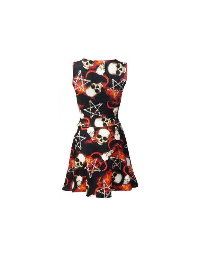 Occult Horned Ram Skull Bone Pentagram Flame Alternative Print Skater Dress