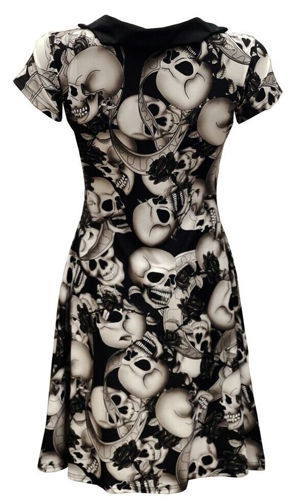 Skull Roses Floral Gothic Rockabilly Printed Collar Dress