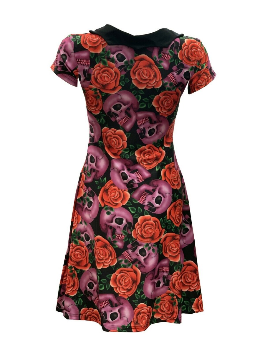 Skulls Roses Colourful Tattoo Floral Printed Collar Dress