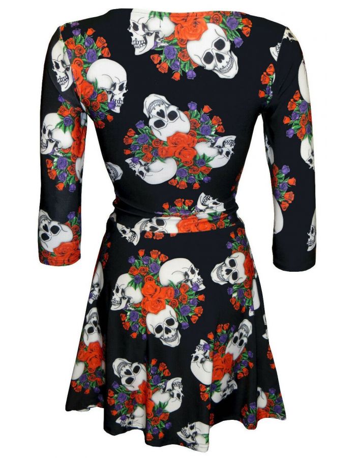 Skull Roses Tattoo Classic Floral Printed 3/4 Sleeve Skater Dress