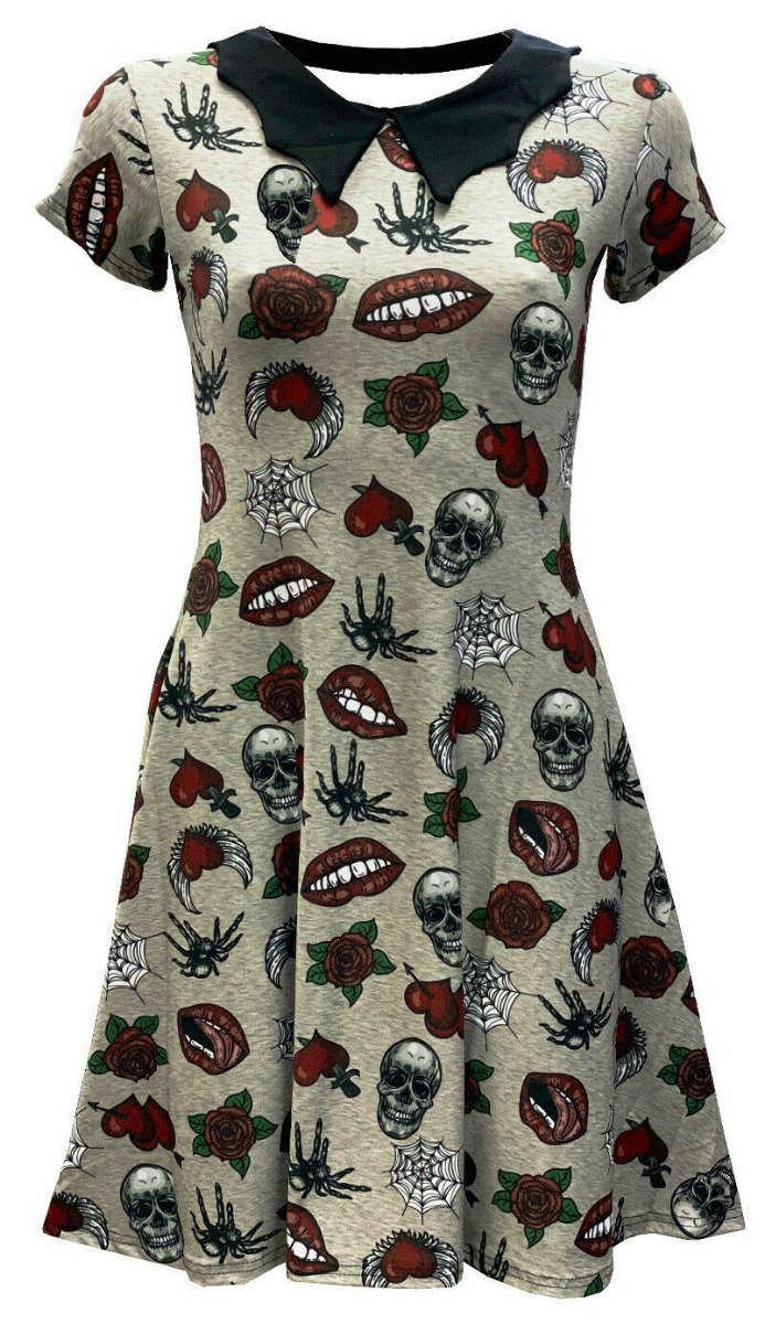 Skulls Roses Lips Hearts Spider Web Printed Bats Collar Dress