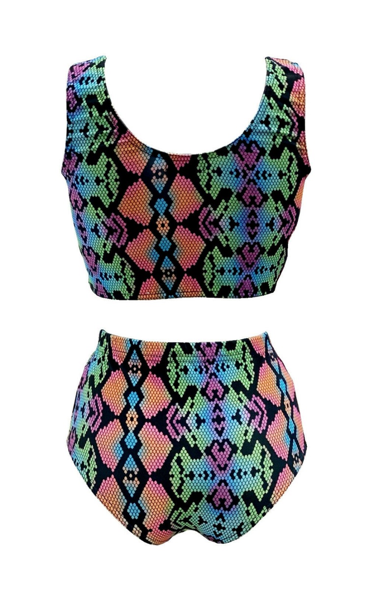 Multi Colour Snake Skin Reptile Printed Sleeveless Crop Top High Waist Bikini Pants Coord Set