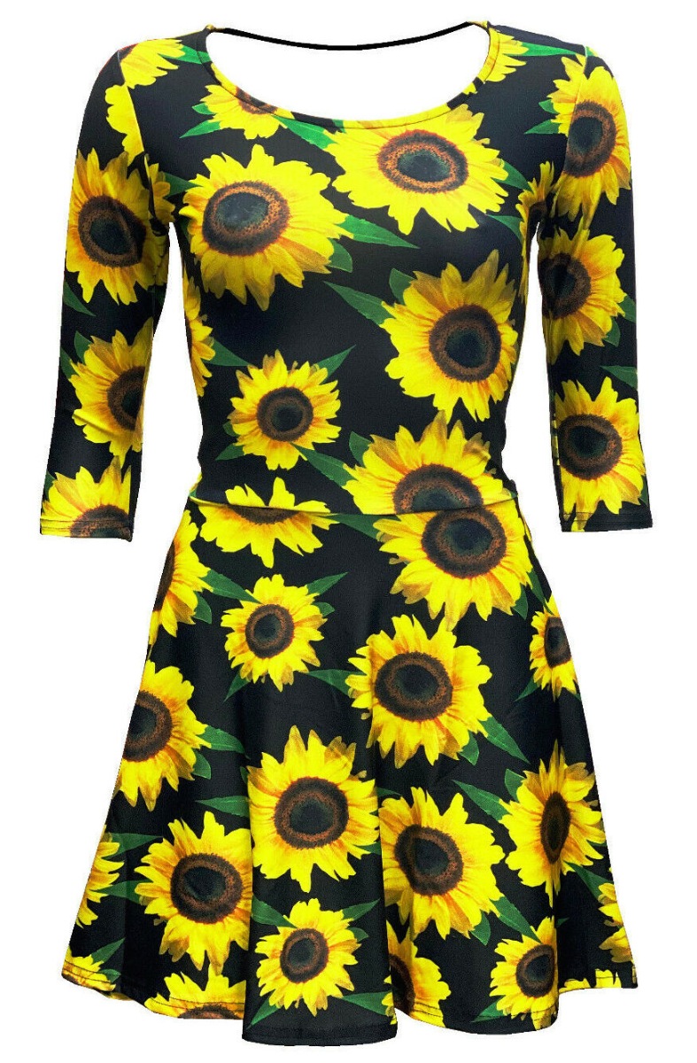 Gorgeous Sunflower Sunset Floral All Over Printed 3/4 Sleeve Skater Dress