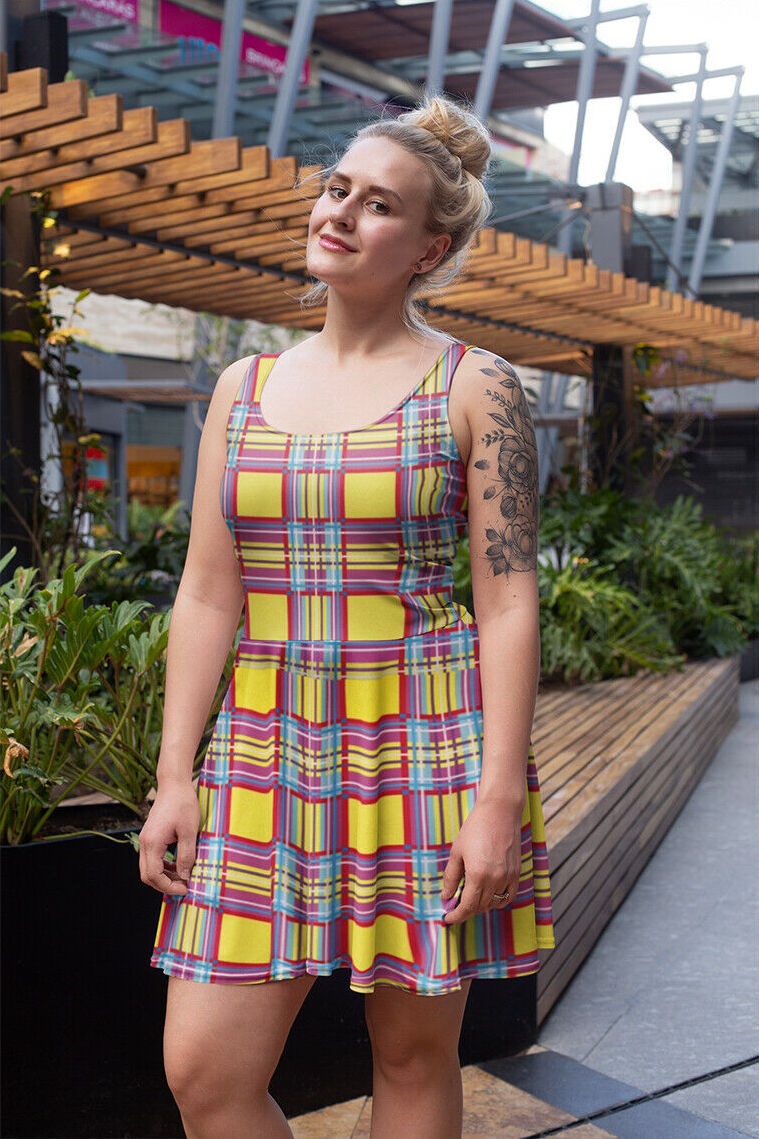 Tartan Check 50's Plaid Squares Printed Fit & Flared Sleeveless Skater Dress