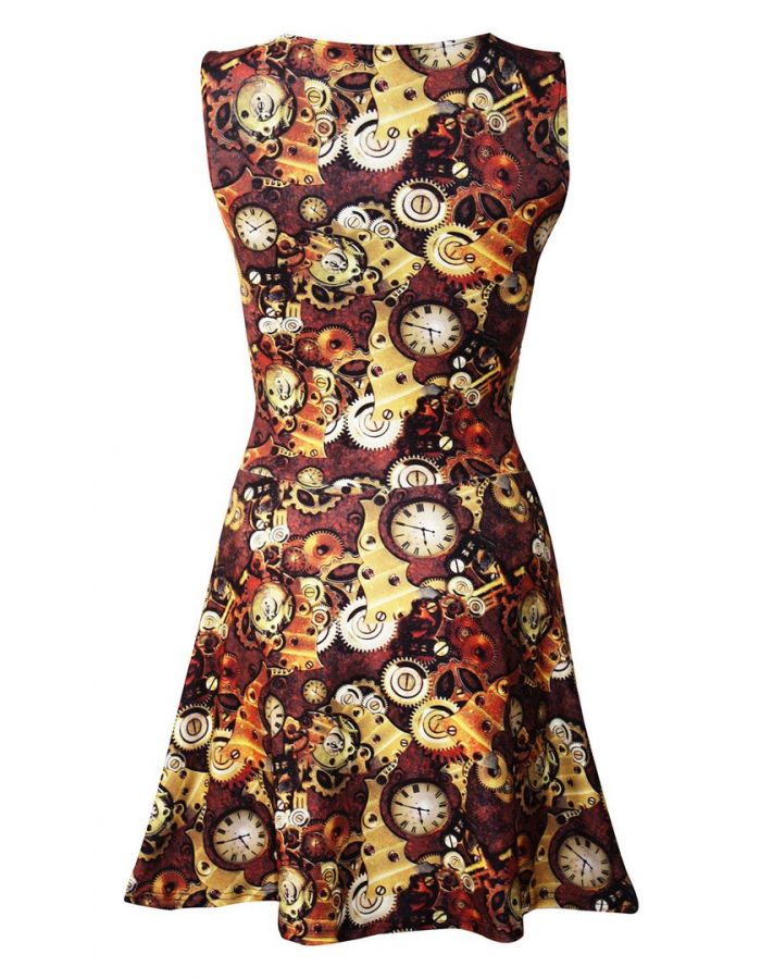 Traditional Steampunk Machine Mechanical Cogs Clocks All Over Print Sleeveless Skater Dress