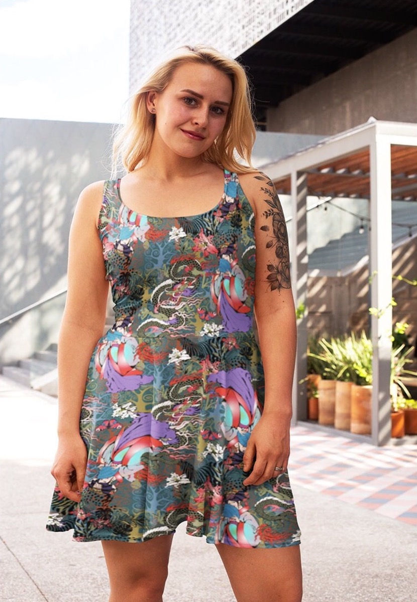 Traditional Japanese Doll Peacock Floral Fairies Dragon Printed Skater Dress