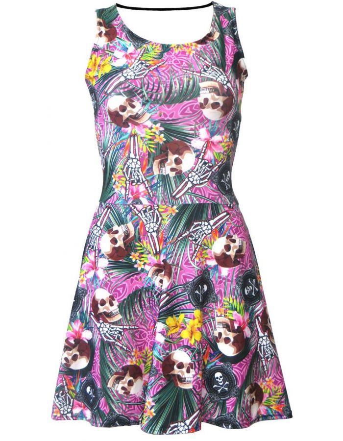 Tropical Floral Flowers Skulls And Crossbones Metal Print Sleeveless Skater Dress