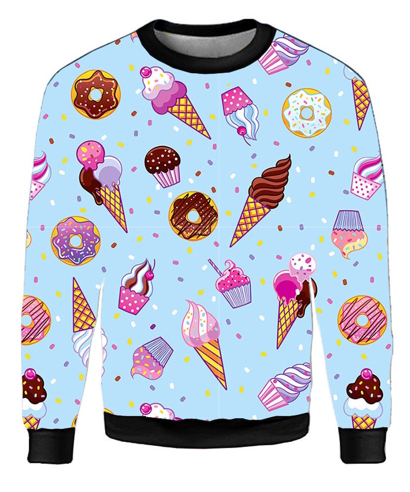 Unisex Cute Cupcakes Ice Cream Donuts Printed Crew Neck Sweatshirt Jumper