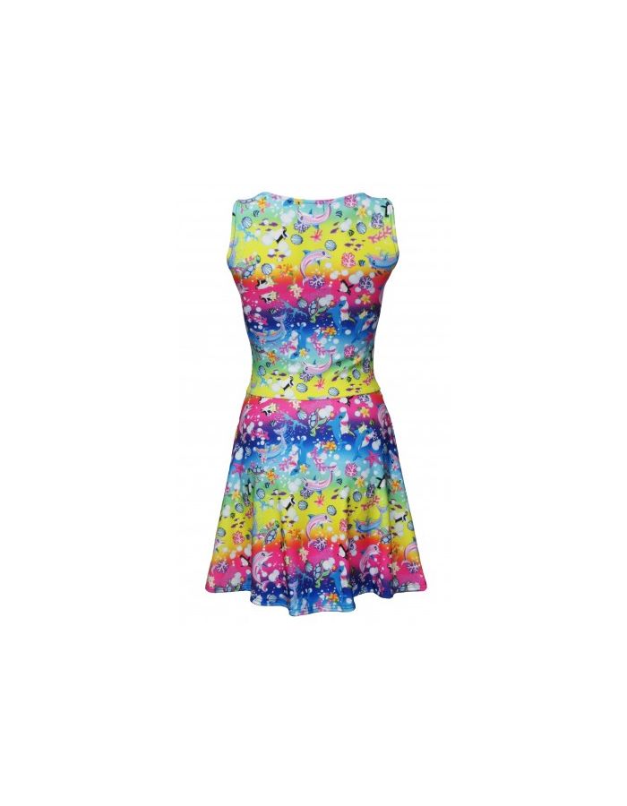 Multi Sea Animals Dolphins Coral Turtles Fish Sharks Floral Print Skater Dress